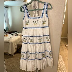 White and Blue Embroidered Midi Dress